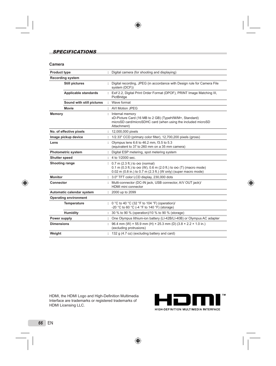 66 en specifications | Olympus STYLUS 7000 User Manual | Page 66 / 70
