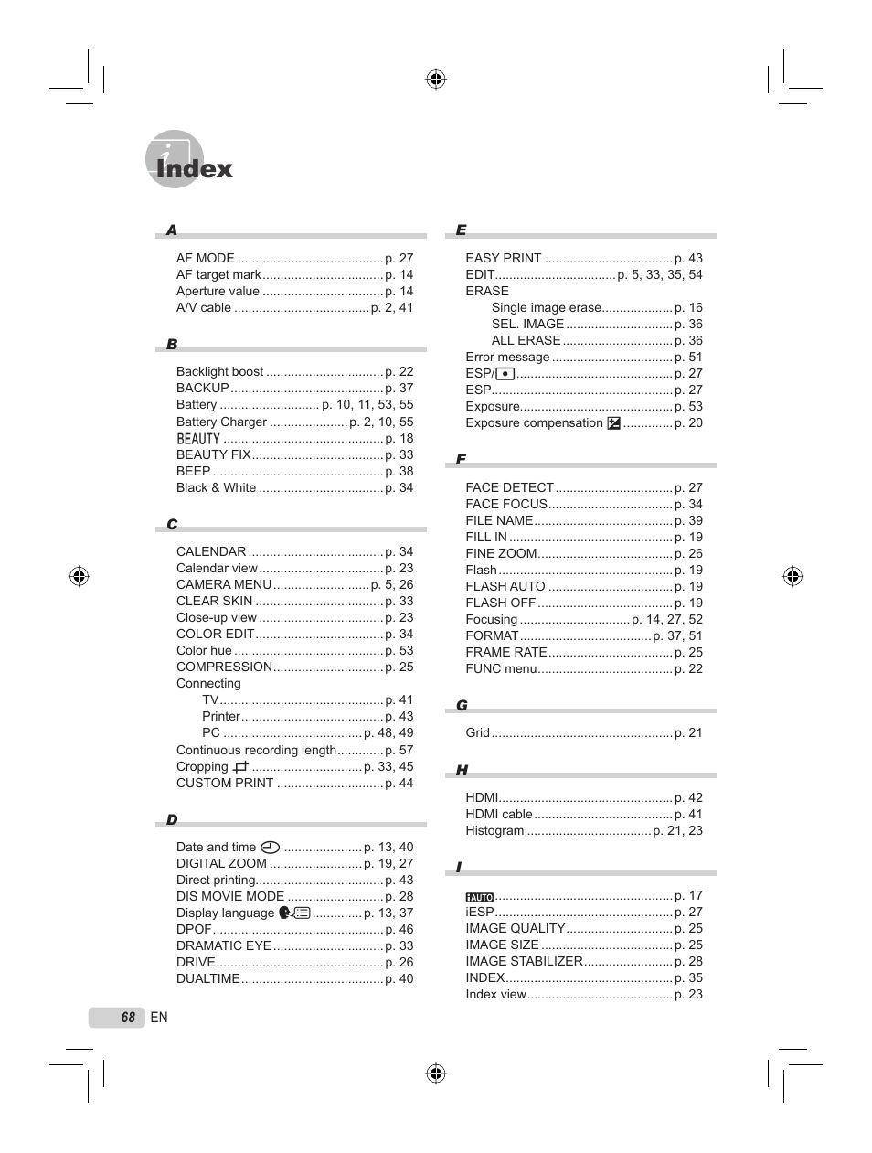 Index | Olympus STYLUS 7000 User Manual | Page 68 / 70
