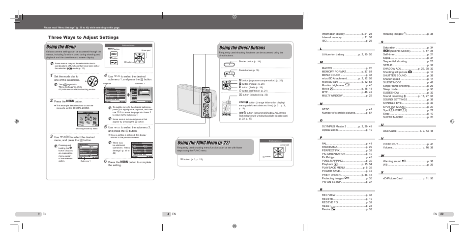 Using the func menu (p. 22), Using the direct buttons, Using the menu | Three ways to adjust settings, 3 en 4 en 69 en | Olympus STYLUS 7000 User Manual | Page 69 / 70