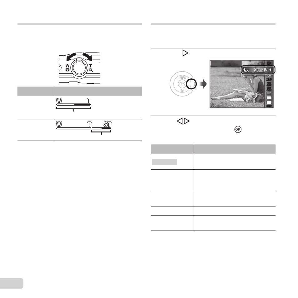 Using the zoom, Using the fl ash, 10 en | Press i | Olympus VG-190 User Manual | Page 10 / 78