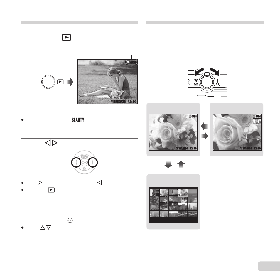 Playback, Viewing images, Index view and close-up view | 17 en, Press the q button, Use hi to select an image, Turn the zoom lever | Olympus VG-190 User Manual | Page 17 / 78
