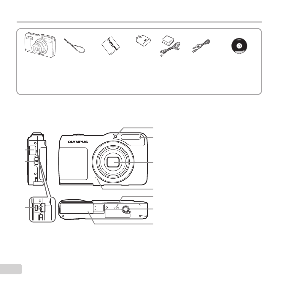 Preparing the camera, Checking the contents of the box, 2 en | Names of parts | Olympus VG-190 User Manual | Page 2 / 78