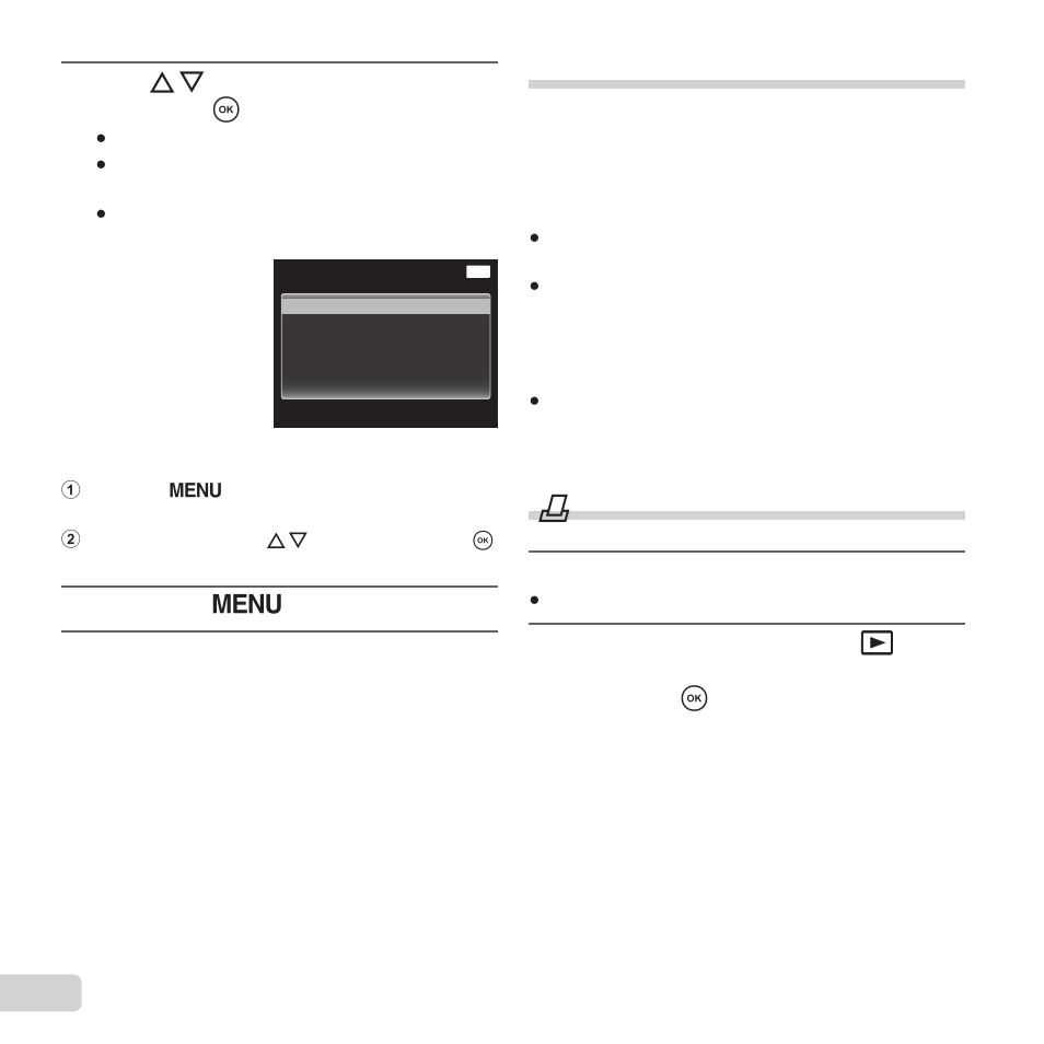 Print reservations, Single-frame print reservations, 48 en | Use fg to select [print], and press the a button, Press the  button, Display the setup menu | Olympus VG-190 User Manual | Page 48 / 78