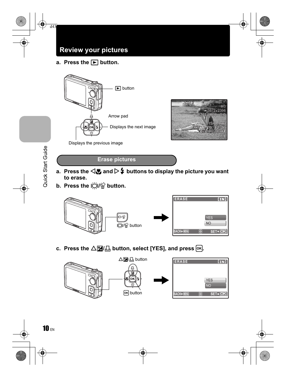 Review your pictures, Erase pictures | Olympus FE-290 User Manual | Page 10 / 68