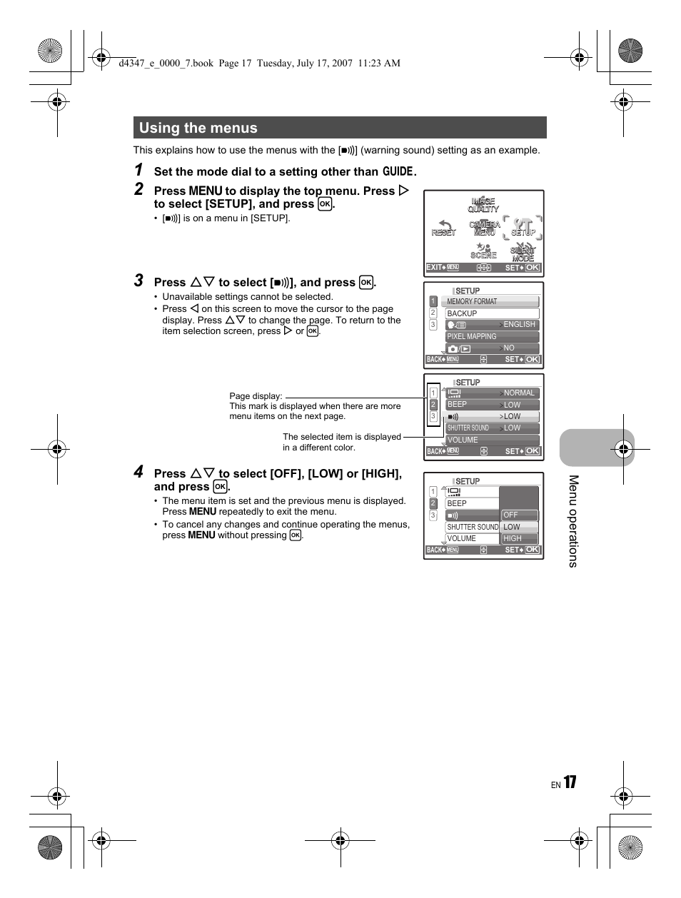 Using the menus, Menu operations, Set the mode dial to a setting other than r | Press on to select [ 8 ], and press h | Olympus FE-290 User Manual | Page 17 / 68