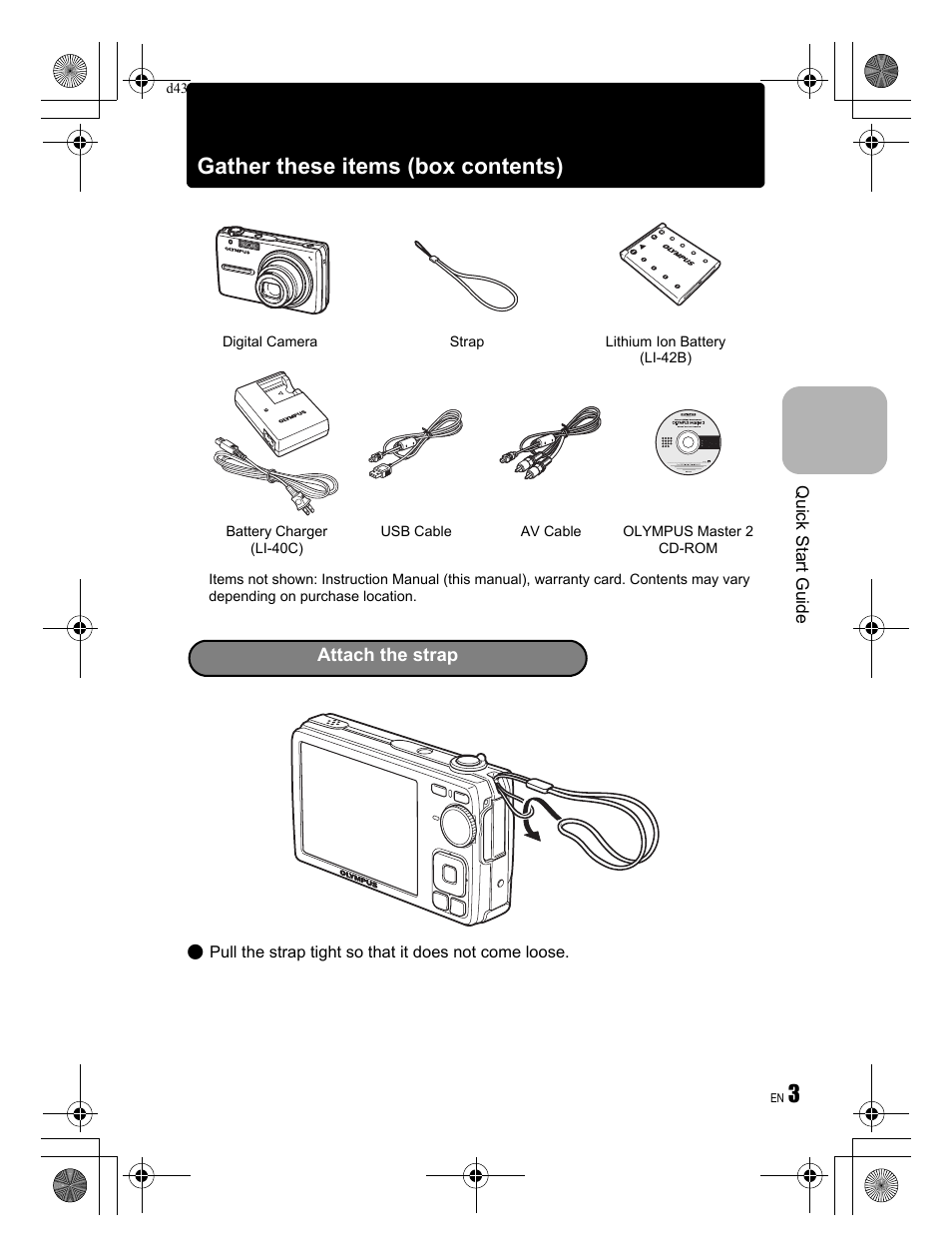 3gather these items (box contents) | Olympus FE-290 User Manual | Page 3 / 68