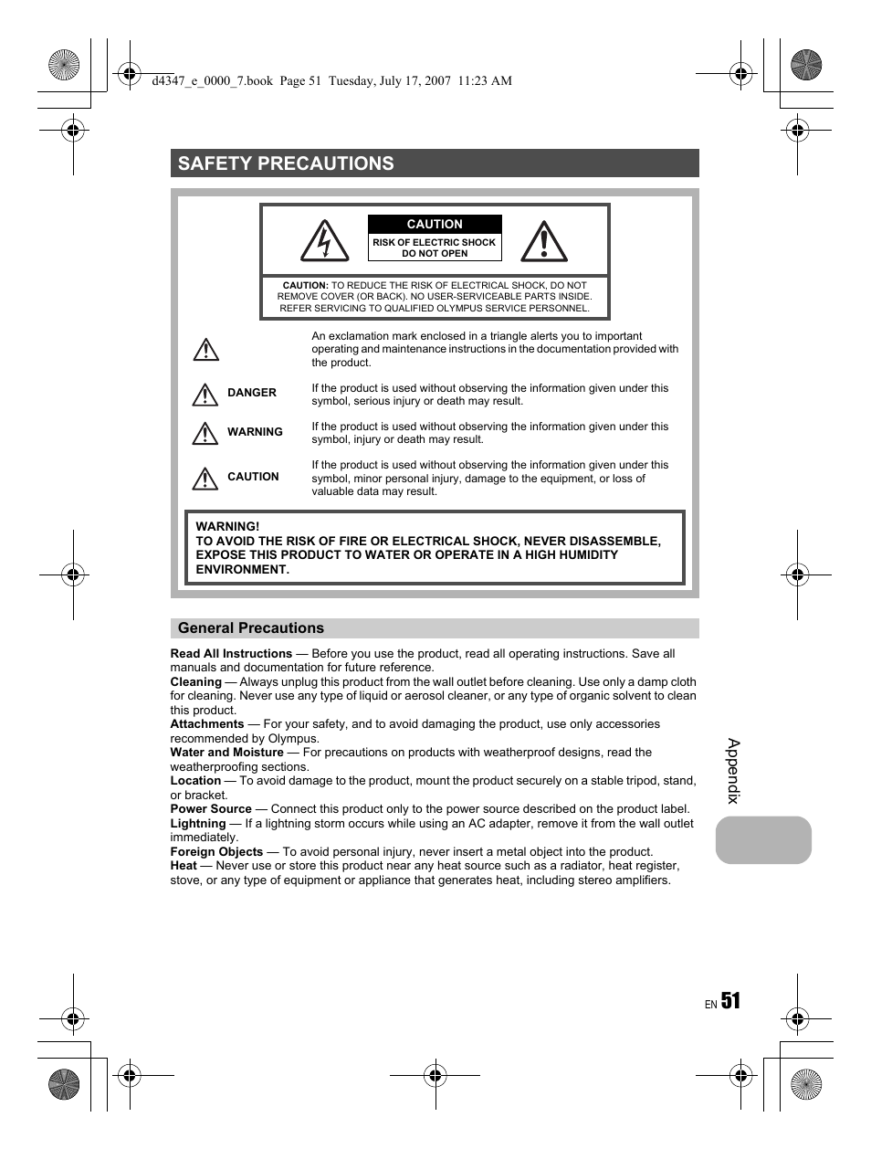 Safety precautions, Appendix | Olympus FE-290 User Manual | Page 51 / 68