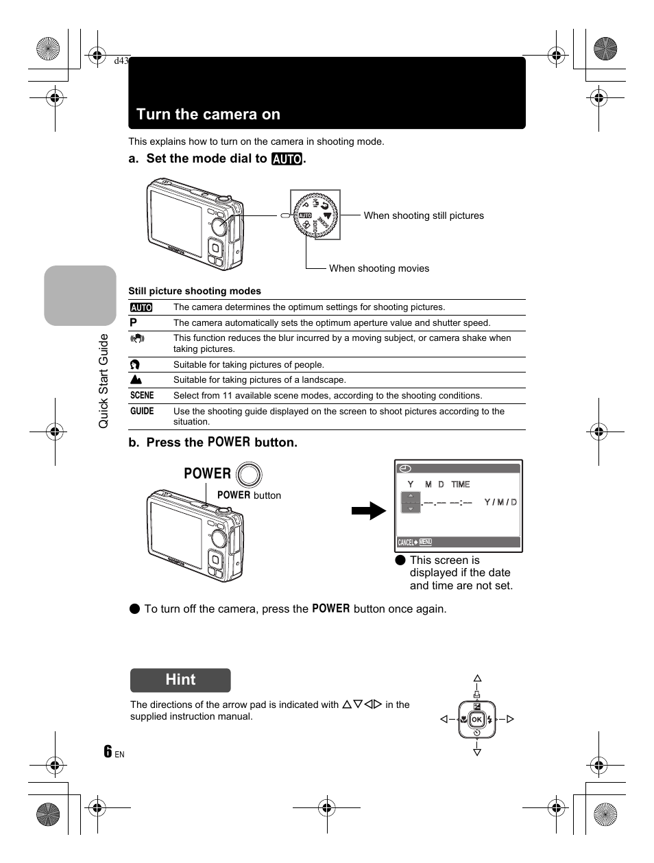 Turn the camera on, Hint, A. set the mode dial to h | B. press the o button | Olympus FE-290 User Manual | Page 6 / 68