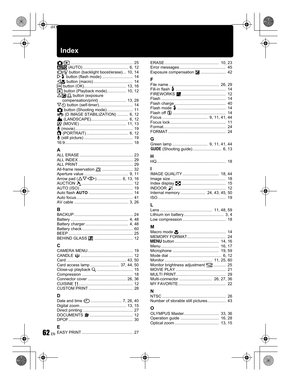 Index | Olympus FE-290 User Manual | Page 62 / 68