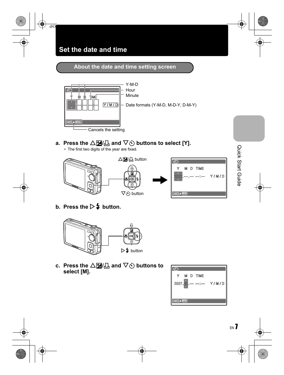 7set the date and time, A. press the of / < and ny buttons to select [y, Quick start guide | Olympus FE-290 User Manual | Page 7 / 68
