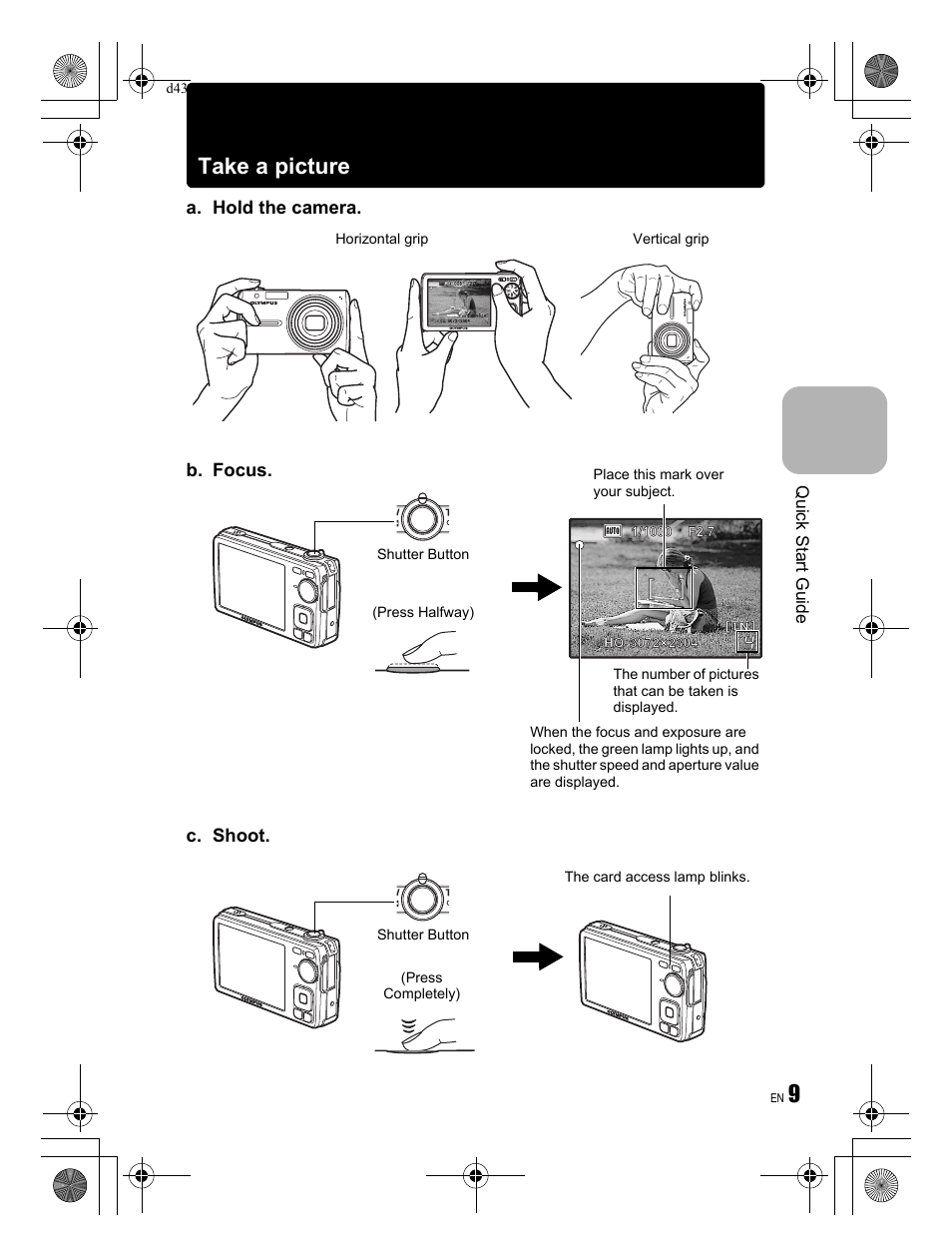 9take a picture, A. hold the camera. c. shoot, B. focus | Quick start guide | Olympus FE-290 User Manual | Page 9 / 68