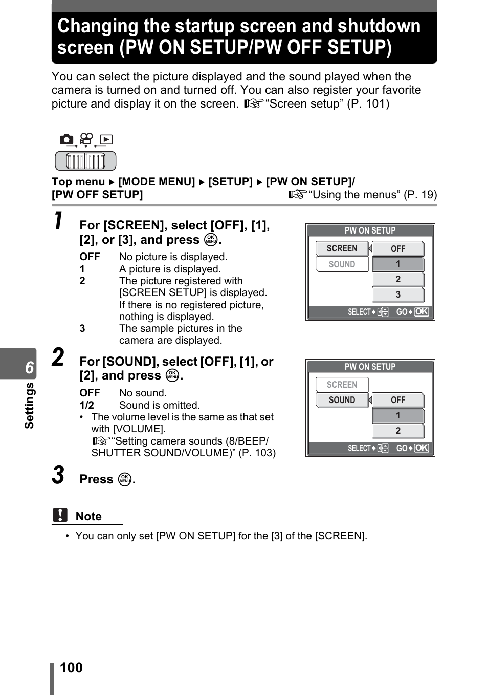 Changing the startup screen and shutdown screen, Pw on setup/pw off setup) | Olympus SP-700 User Manual | Page 100 / 187