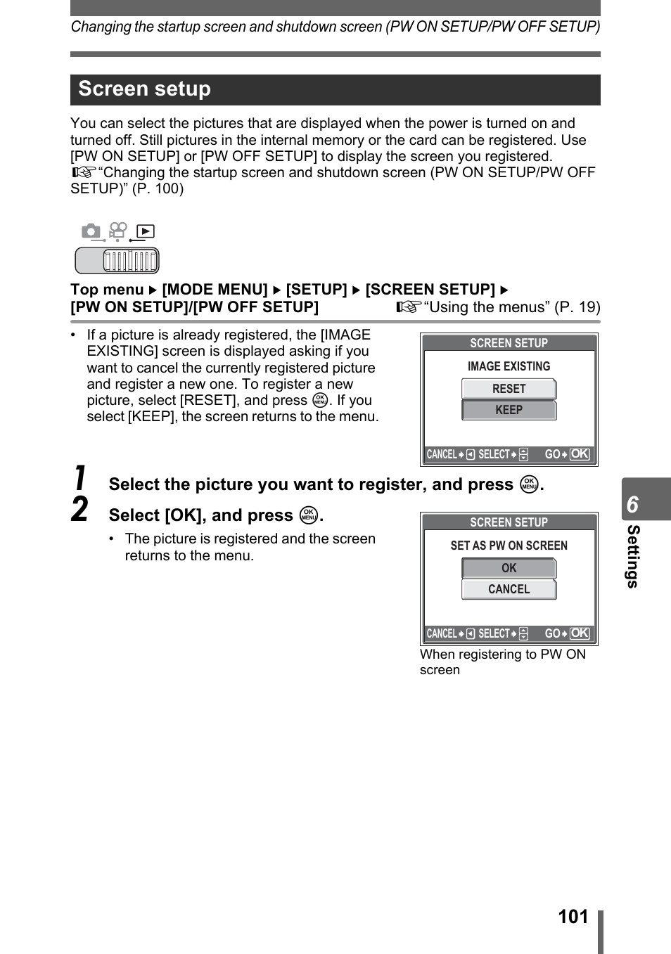 Screen setup, G“screen setup” (p. 101) | Olympus SP-700 User Manual | Page 101 / 187