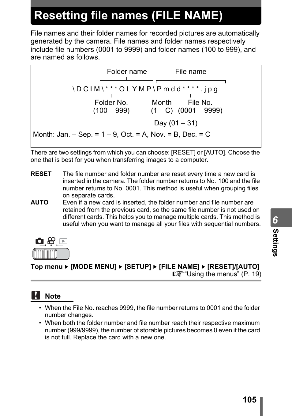 Resetting file names (file name) | Olympus SP-700 User Manual | Page 105 / 187