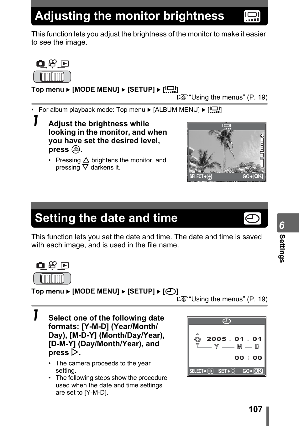 Adjusting the monitor brightness, Setting the date and time, P. 107 | Olympus SP-700 User Manual | Page 107 / 187