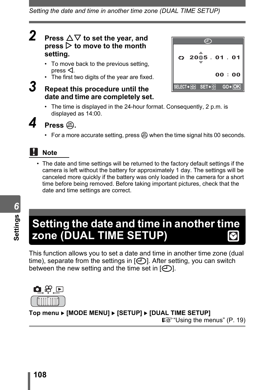 Setting the date and time in another time zone, Dual time setup) | Olympus SP-700 User Manual | Page 108 / 187