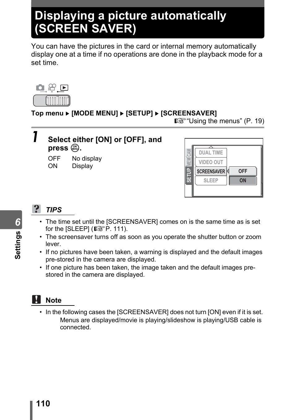 Displaying a picture automatically (screen saver) | Olympus SP-700 User Manual | Page 110 / 187