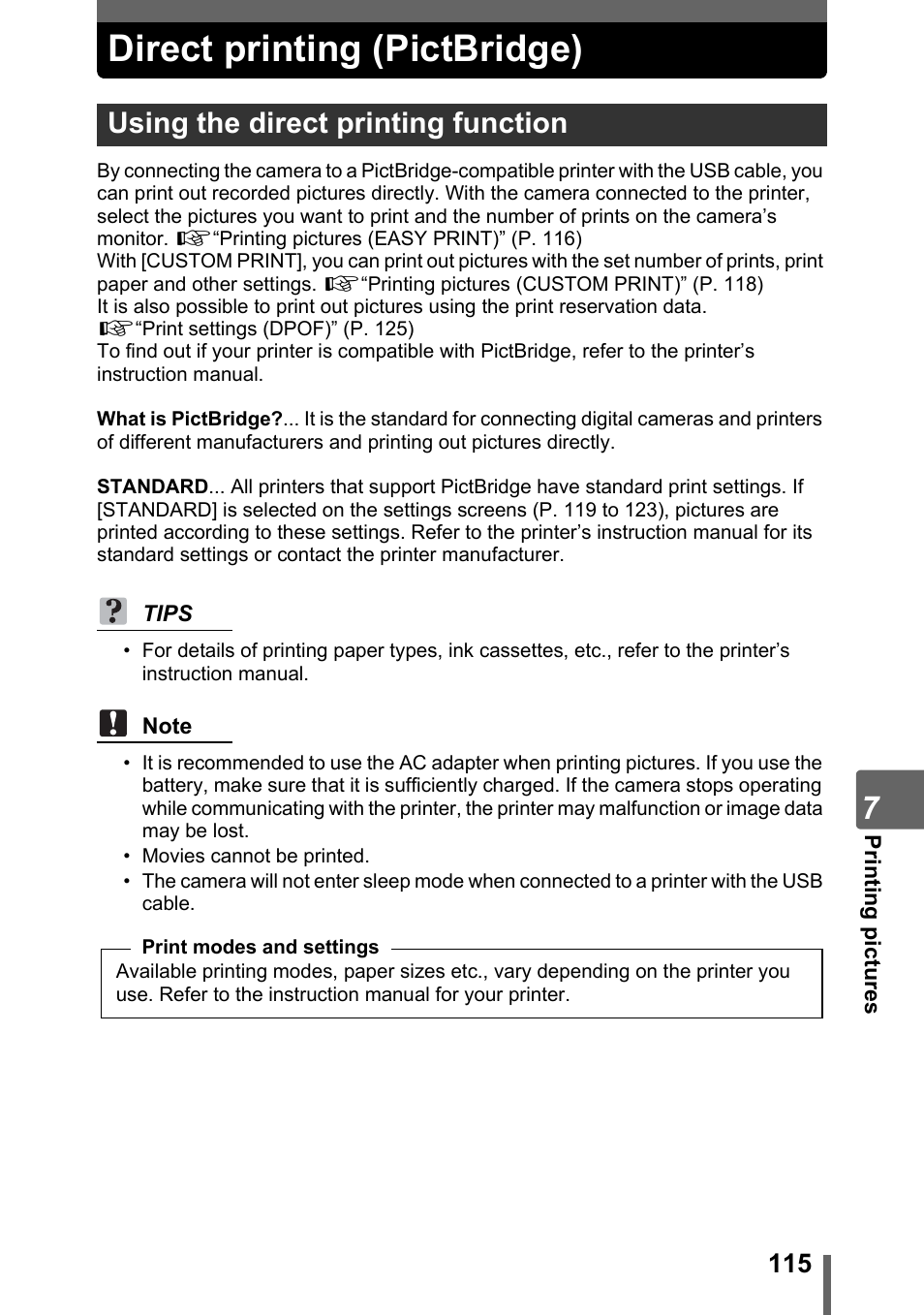 Direct printing (pictbridge), Using the direct printing function | Olympus SP-700 User Manual | Page 115 / 187