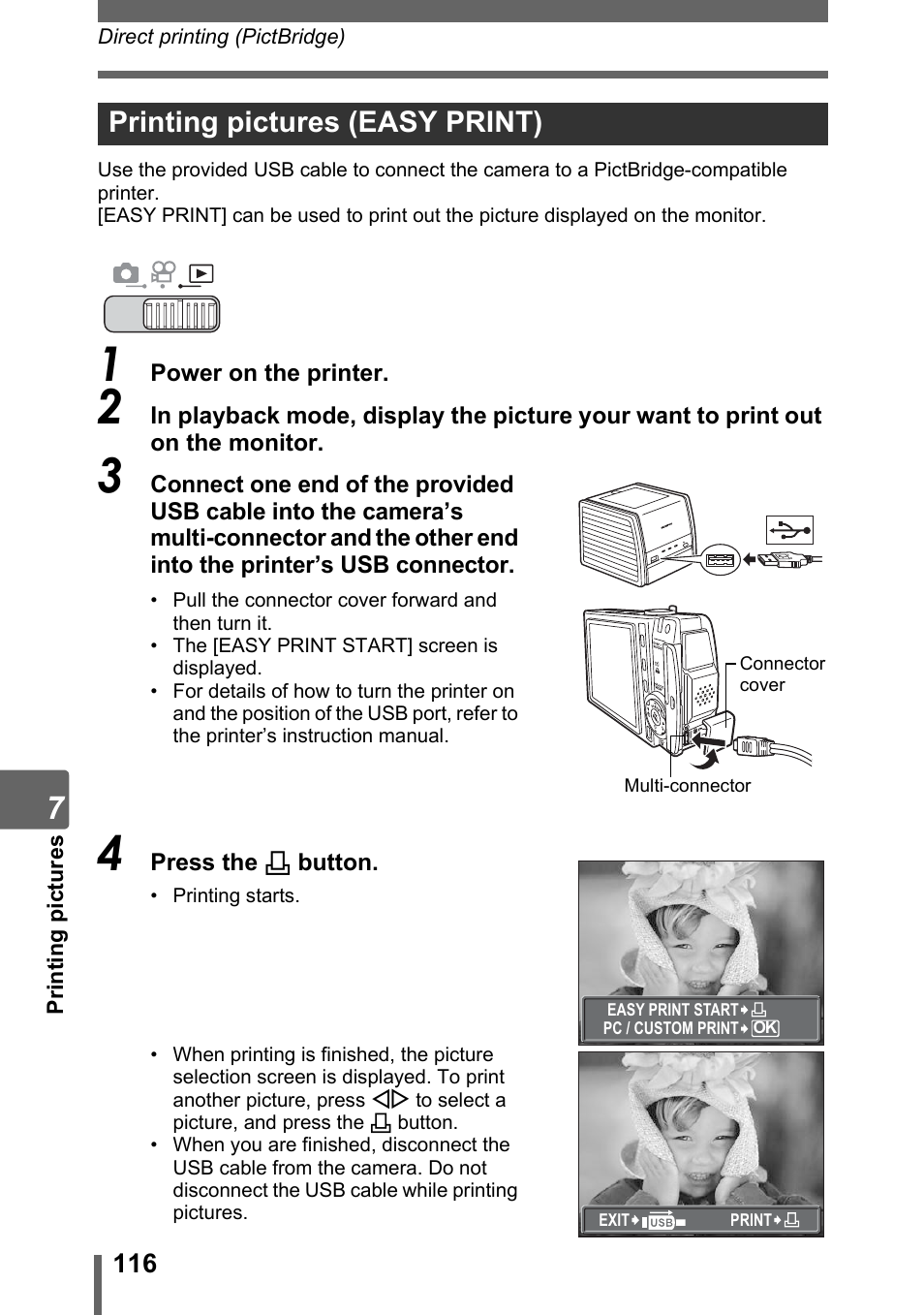 Printing pictures (easy print), P. 116, G“printing pictures (easy print)” (p. 116) | Olympus SP-700 User Manual | Page 116 / 187