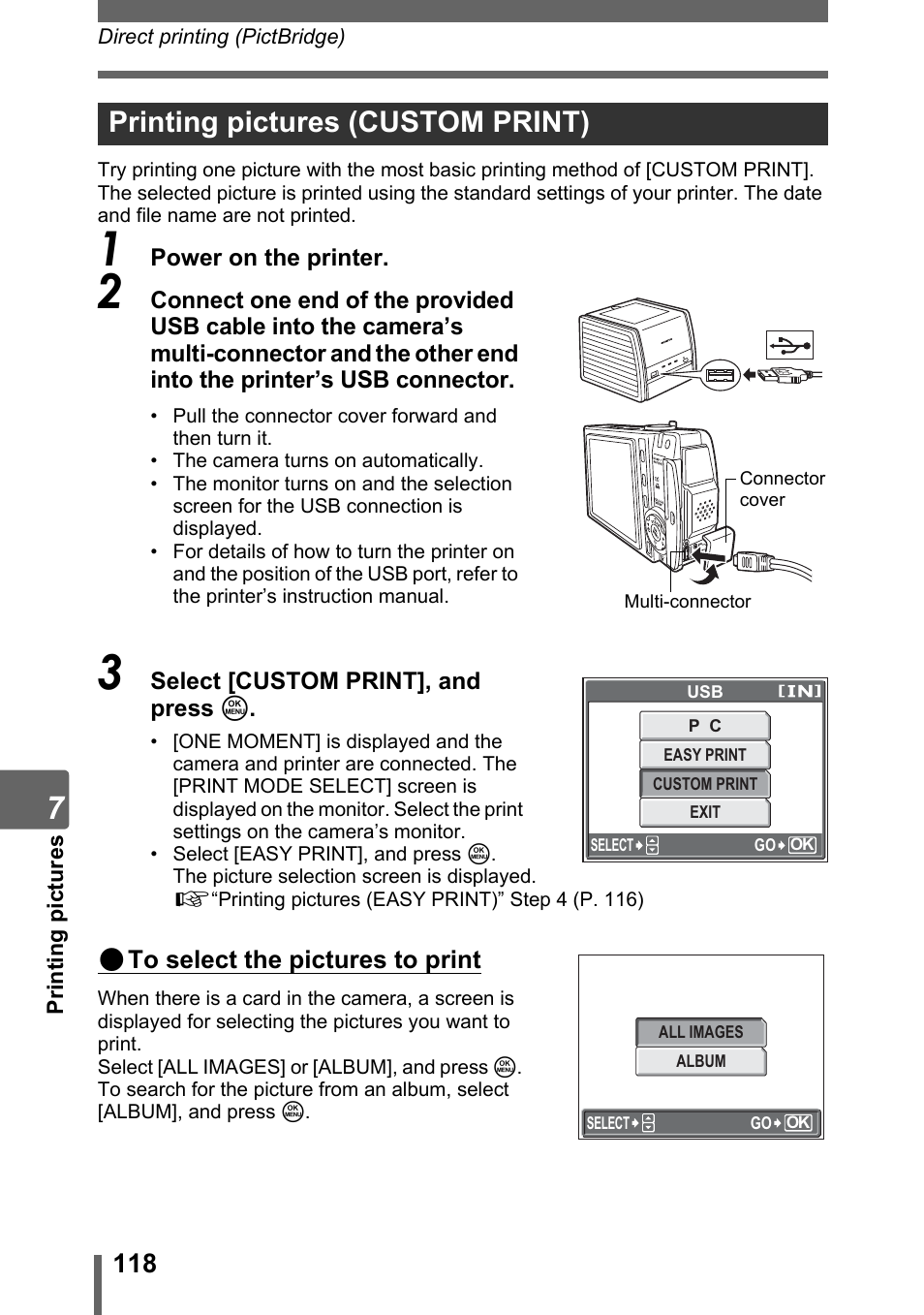 Printing pictures (custom print), Printing pictures (custom print)” (p. 118), P. 118) | Olympus SP-700 User Manual | Page 118 / 187