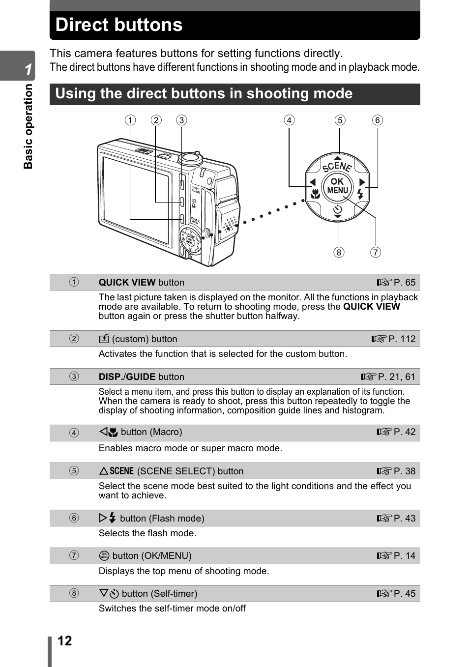 Direct buttons, Using the direct buttons in shooting mode | Olympus SP-700 User Manual | Page 12 / 187