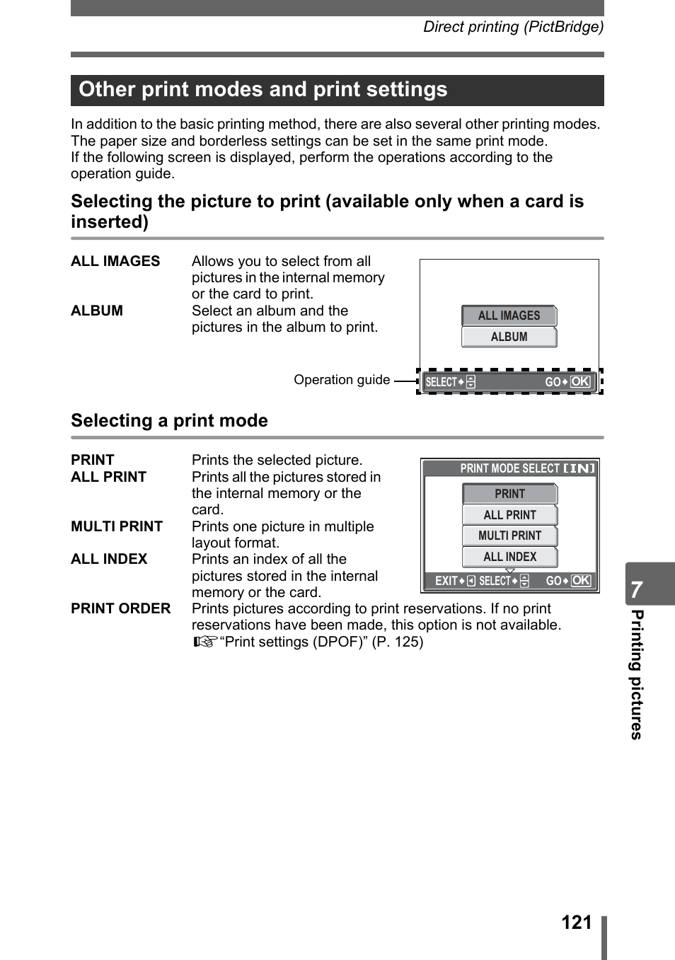 Other print modes and print settings, Selecting a print mode | Olympus SP-700 User Manual | Page 121 / 187