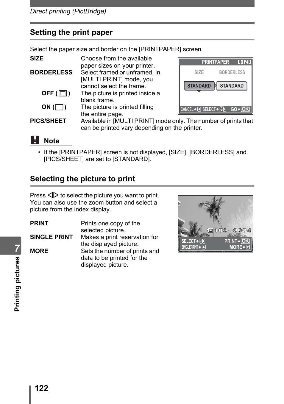 Setting the print paper, Selecting the picture to print | Olympus SP-700 User Manual | Page 122 / 187