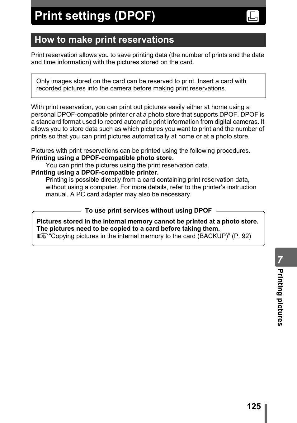 Print settings (dpof), How to make print reservations, P. 125 | Print settings (dpof)” (p. 125) | Olympus SP-700 User Manual | Page 125 / 187