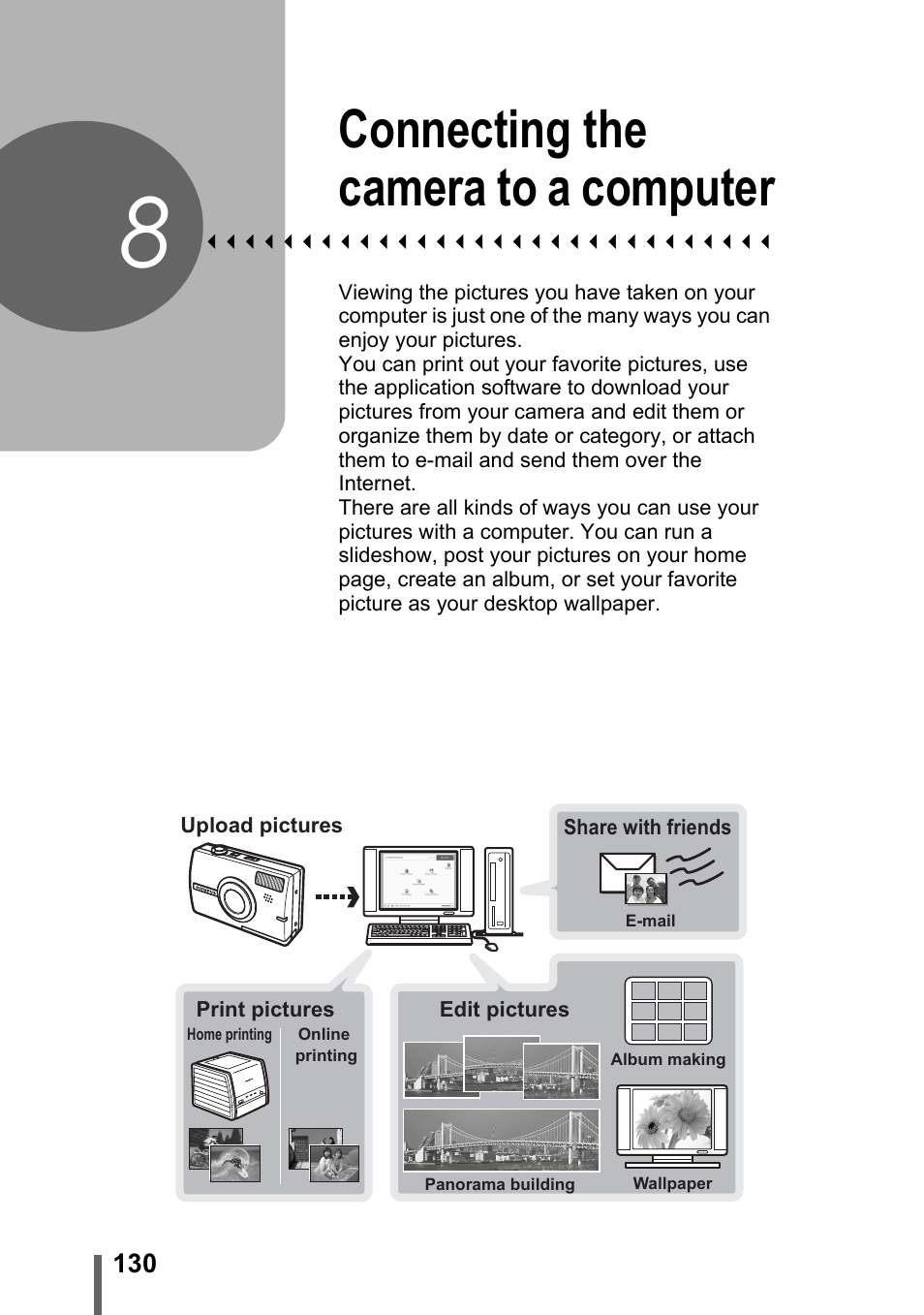 8 connecting the camera to a computer, Connecting the camera, To a computer | P. 130, Connecting the camera to a computer | Olympus SP-700 User Manual | Page 130 / 187