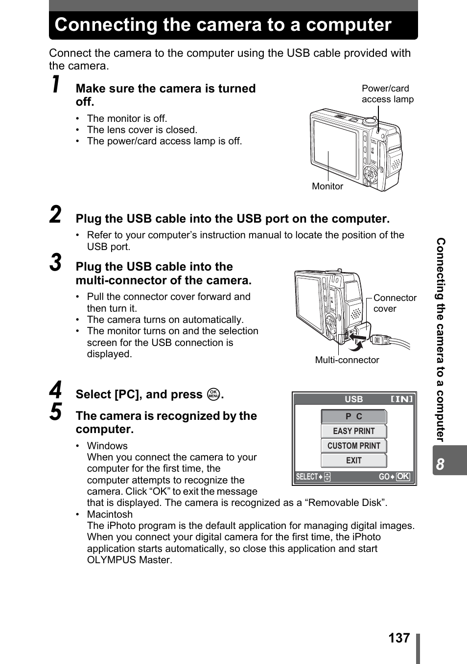 Connecting the camera to a computer, P. 137 | Olympus SP-700 User Manual | Page 137 / 187