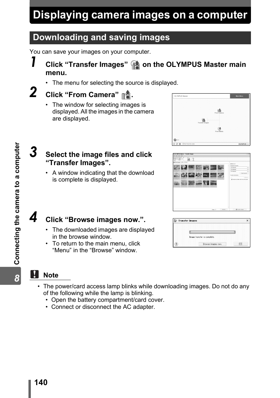 Displaying camera images on a computer, Downloading and saving images, P. 140 | Olympus SP-700 User Manual | Page 140 / 187