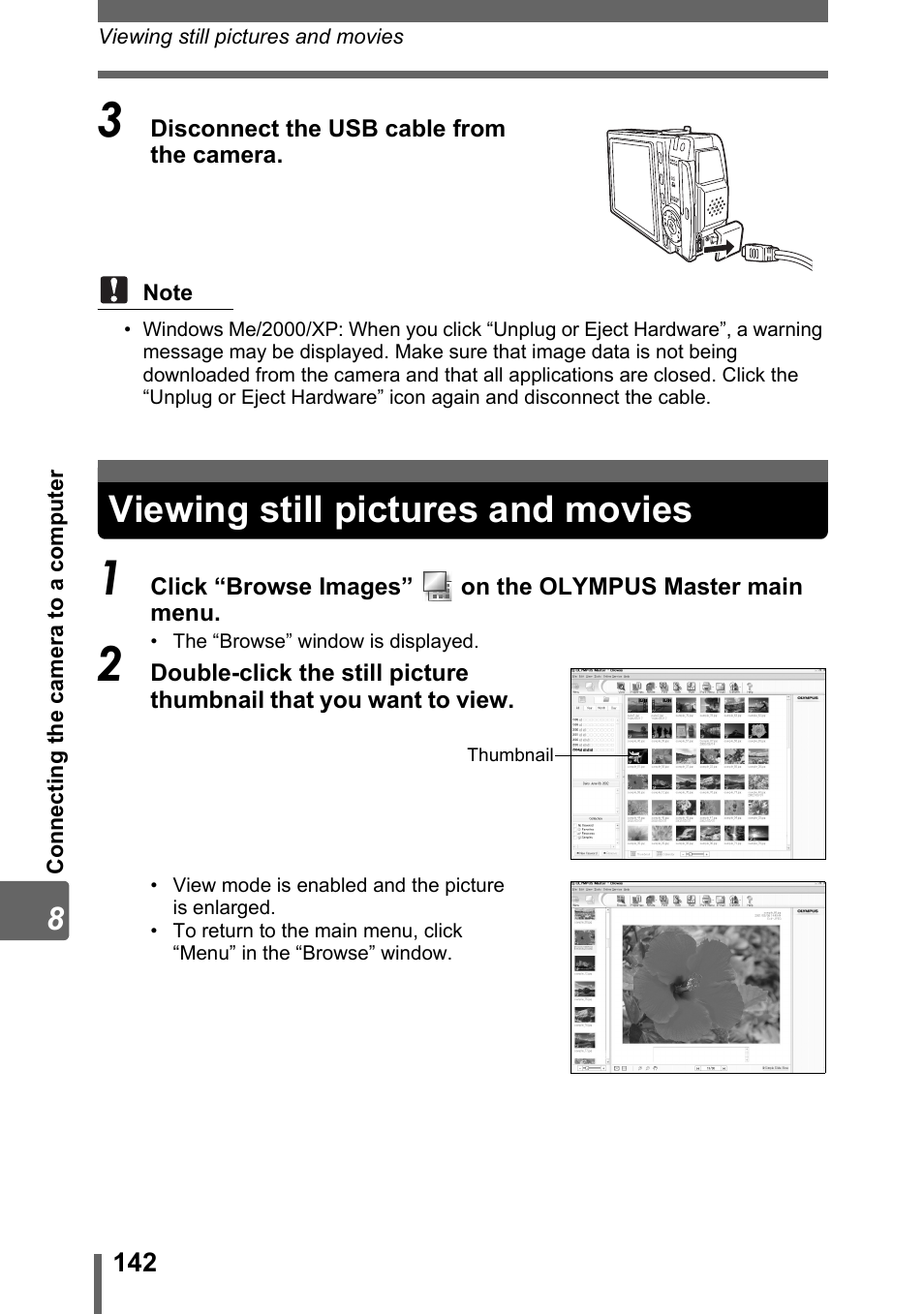 Viewing still pictures and movies | Olympus SP-700 User Manual | Page 142 / 187