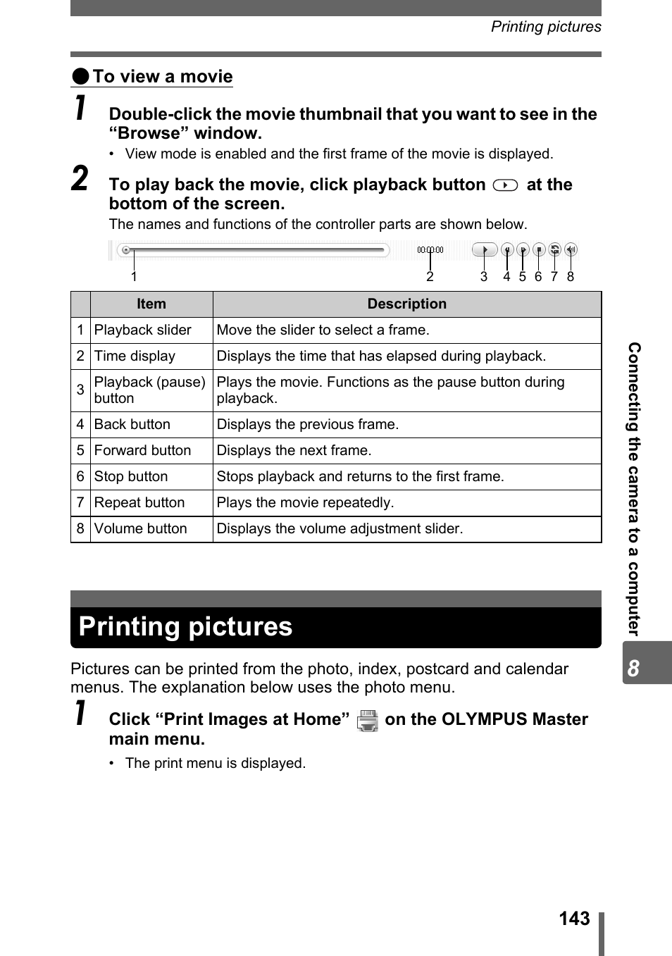 Printing pictures | Olympus SP-700 User Manual | Page 143 / 187