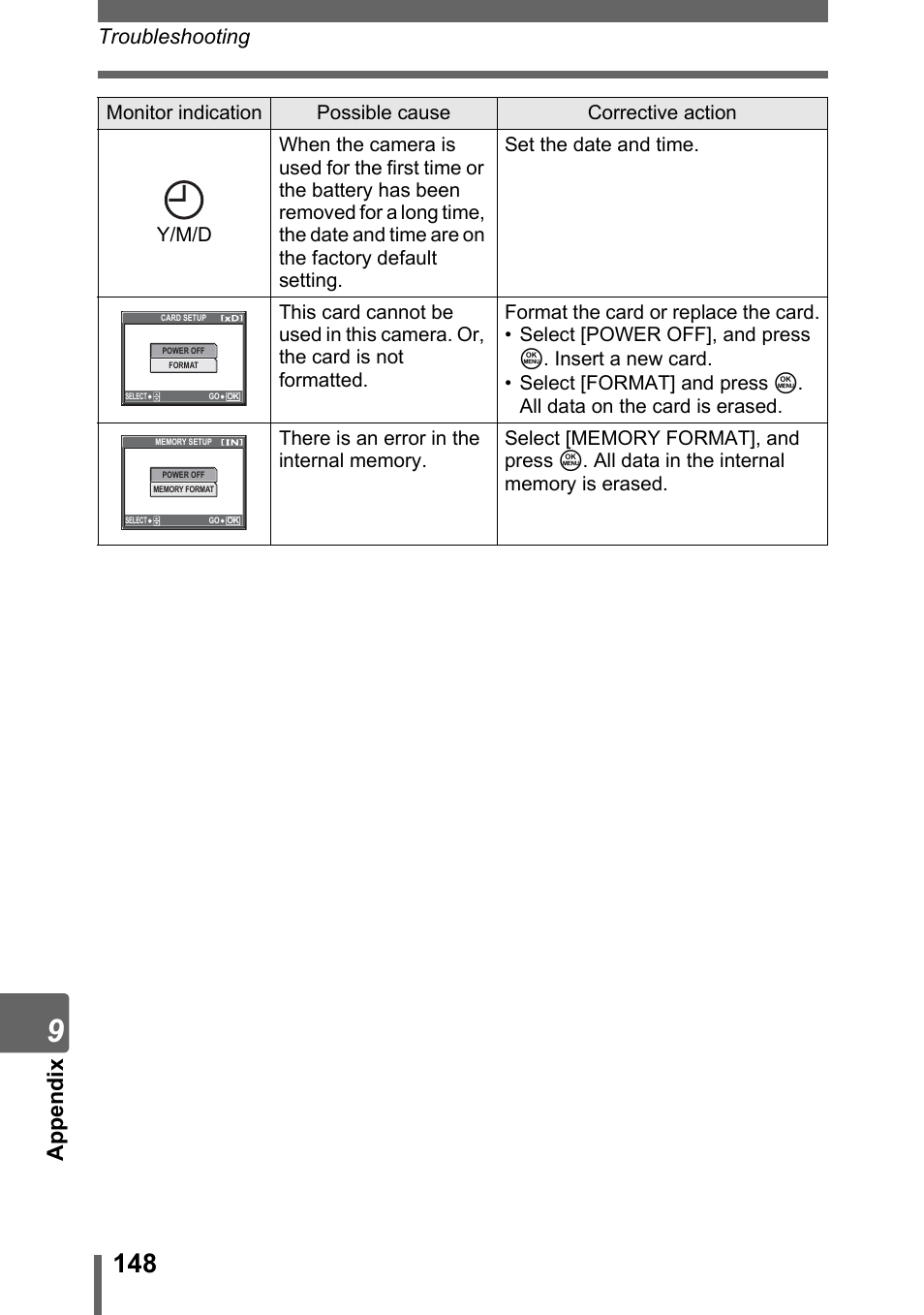Appendix, Troubleshooting | Olympus SP-700 User Manual | Page 148 / 187