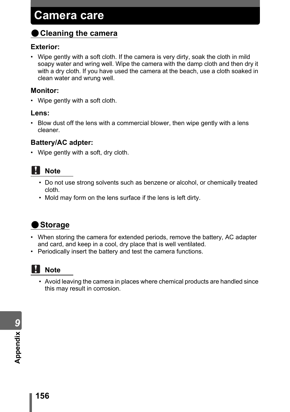 Camera care, P. 156 | Olympus SP-700 User Manual | Page 156 / 187