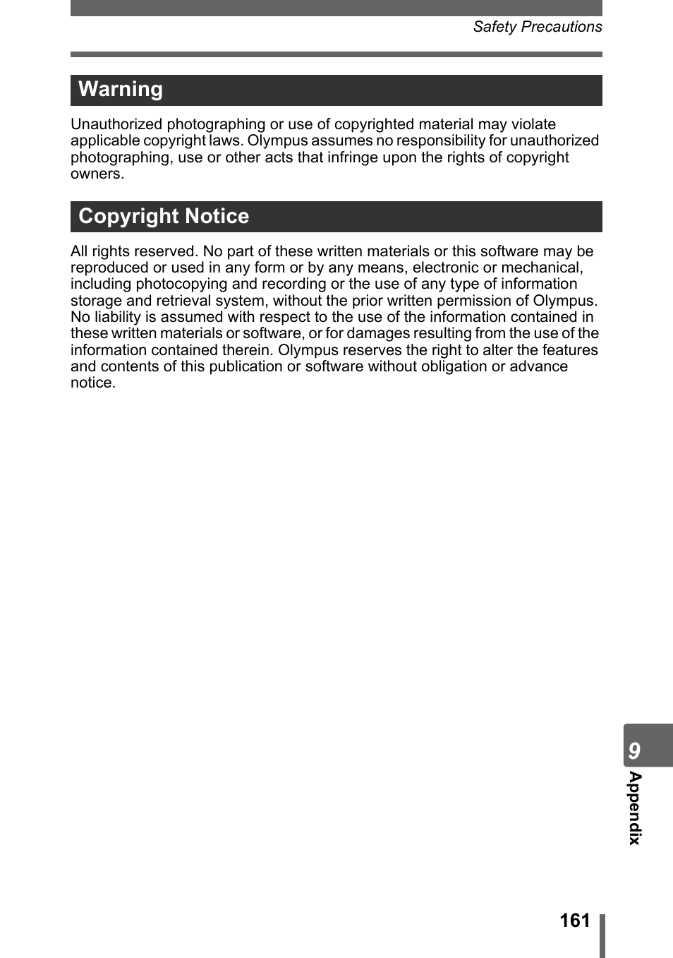 Warning copyright notice | Olympus SP-700 User Manual | Page 161 / 187