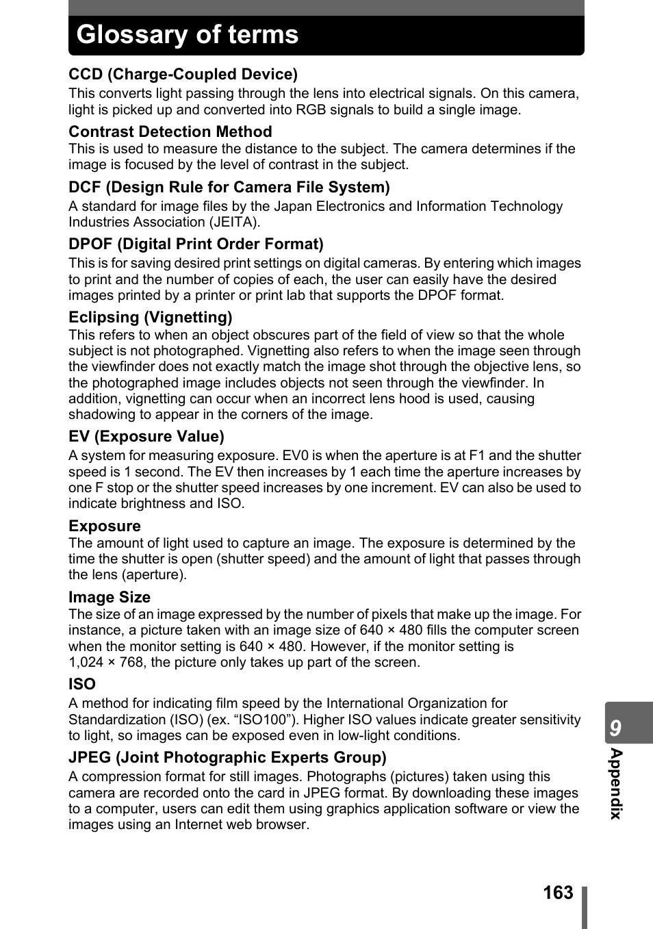 Glossary of terms | Olympus SP-700 User Manual | Page 163 / 187