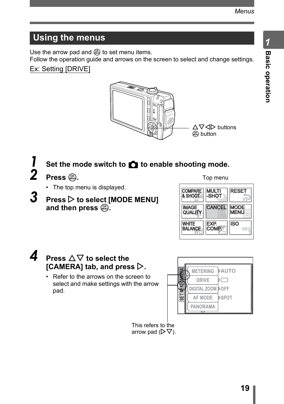 Using the menus | Olympus SP-700 User Manual | Page 19 / 187