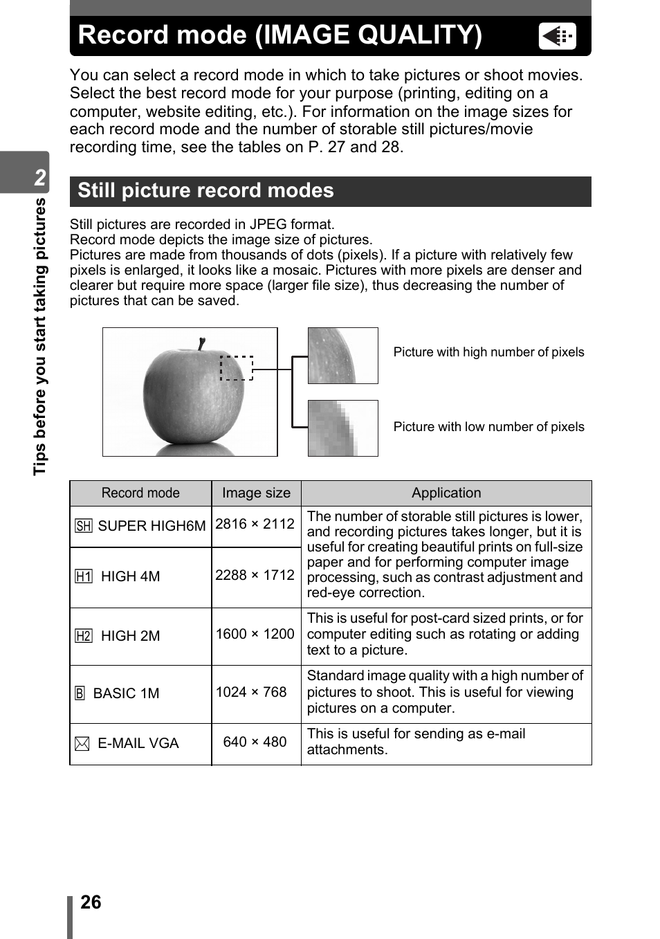 Record mode (image quality), Still picture record modes, P. 26 | Olympus SP-700 User Manual | Page 26 / 187