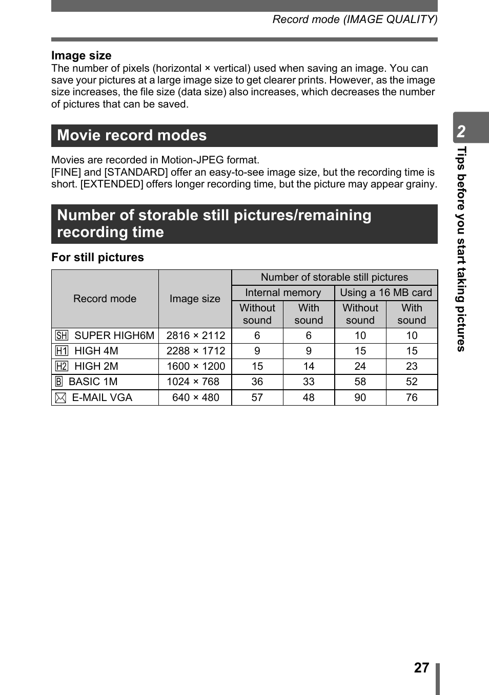 Movie record modes, P. 27 | Olympus SP-700 User Manual | Page 27 / 187