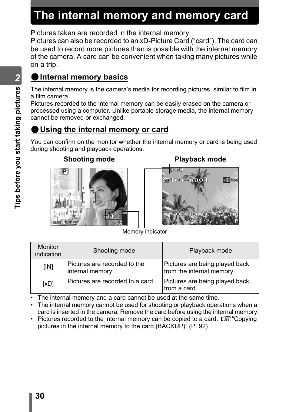 The internal memory and memory card | Olympus SP-700 User Manual | Page 30 / 187