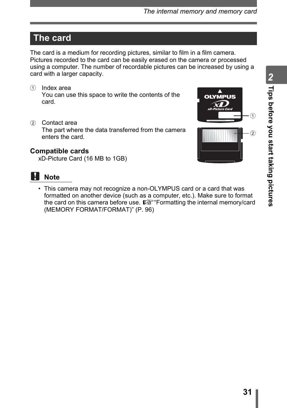The card | Olympus SP-700 User Manual | Page 31 / 187