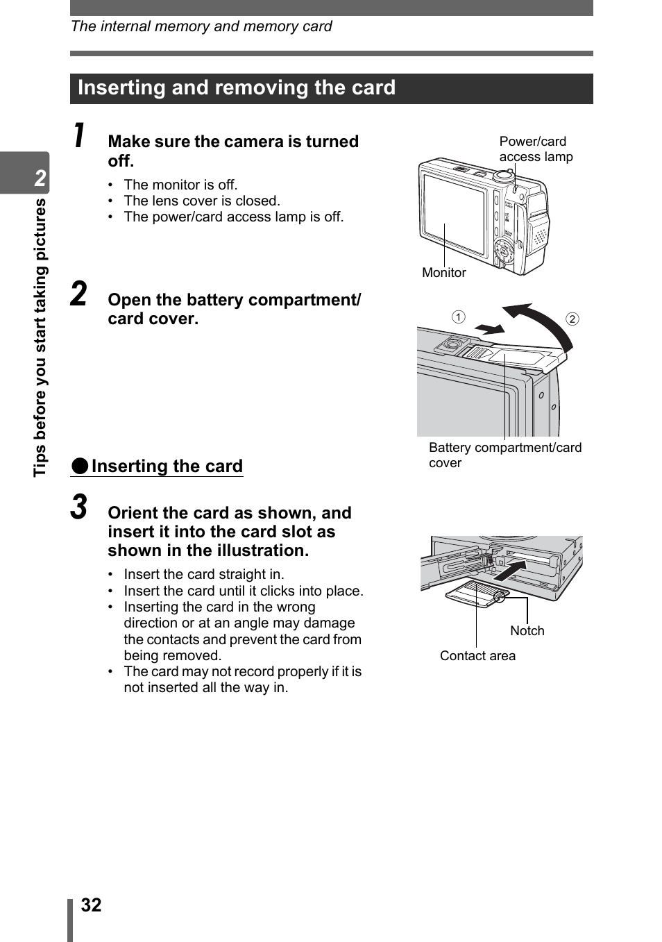 Inserting and removing the card | Olympus SP-700 User Manual | Page 32 / 187