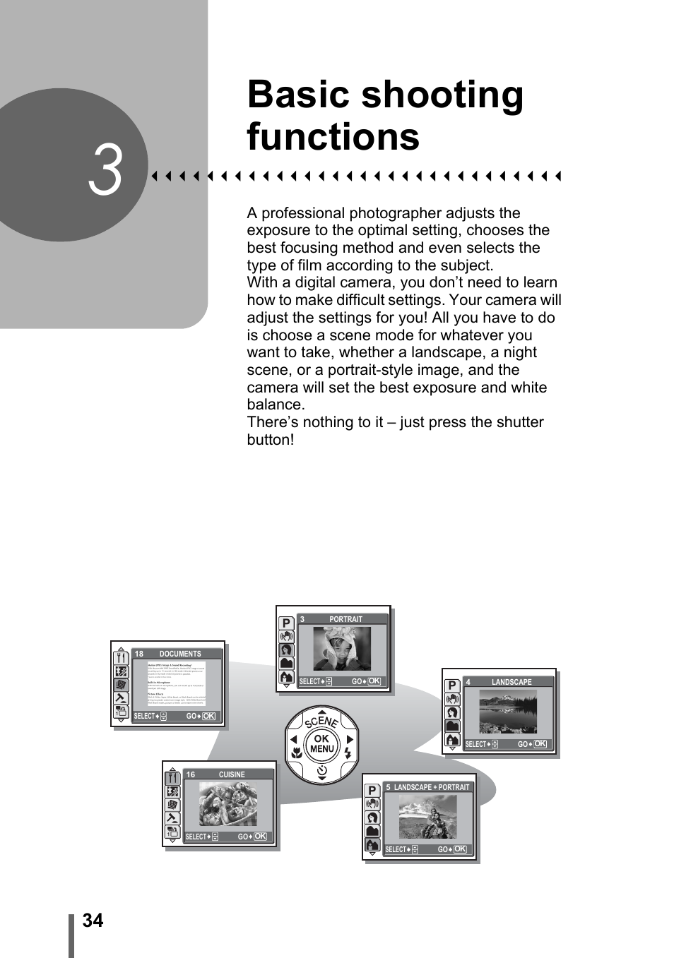 3 basic shooting functions, Basic shooting functions, P. 34 | Olympus SP-700 User Manual | Page 34 / 187