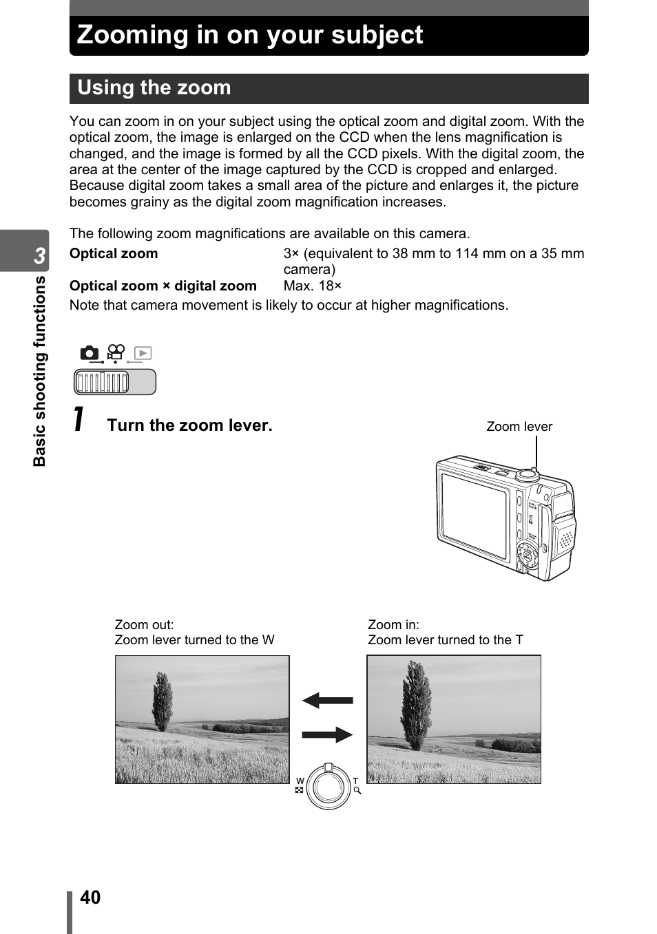 Zooming in on your subject, Using the zoom | Olympus SP-700 User Manual | Page 40 / 187