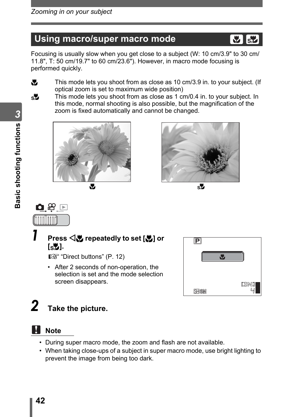 Using macro/super macro mode, Gp. 42 | Olympus SP-700 User Manual | Page 42 / 187