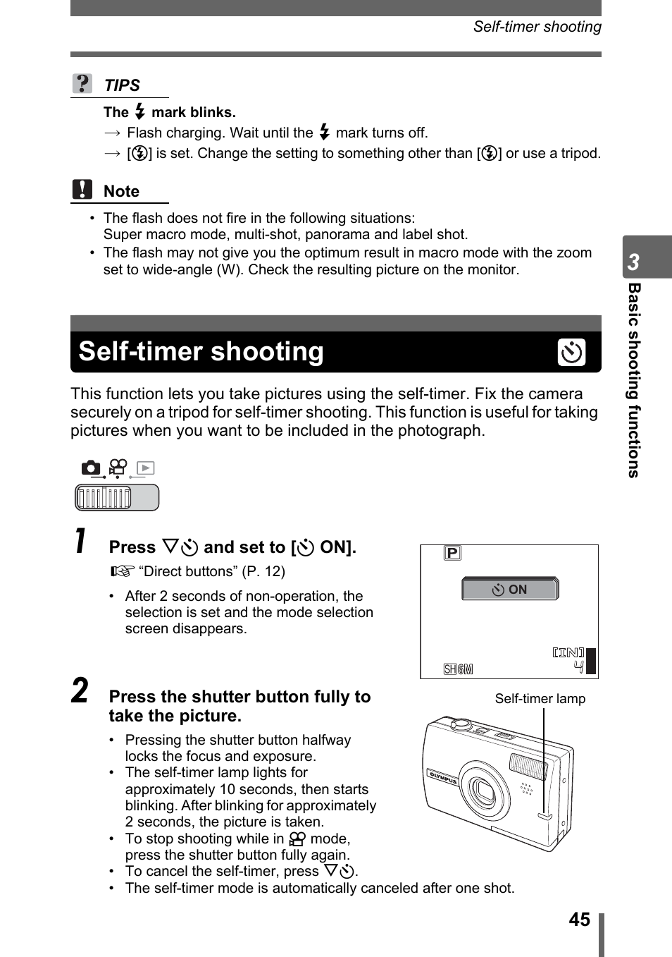 Self-timer shooting, Gp. 45 | Olympus SP-700 User Manual | Page 45 / 187