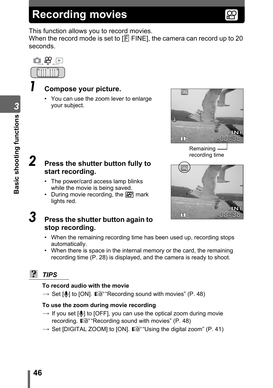 Recording movies | Olympus SP-700 User Manual | Page 46 / 187
