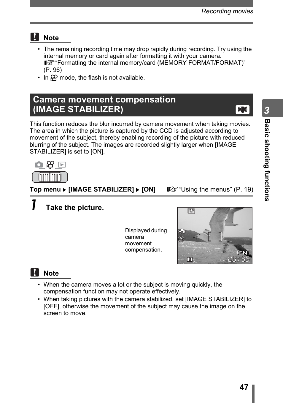 Camera movement compensation (image stabilizer), P. 47 | Olympus SP-700 User Manual | Page 47 / 187