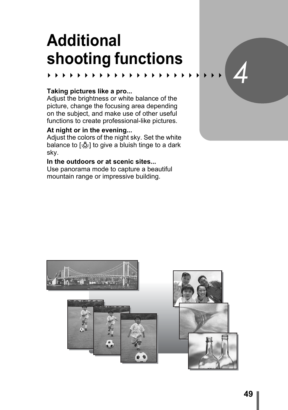 4 additional shooting functions, Additional shooting, Functions | P. 49, Additional shooting functions | Olympus SP-700 User Manual | Page 49 / 187